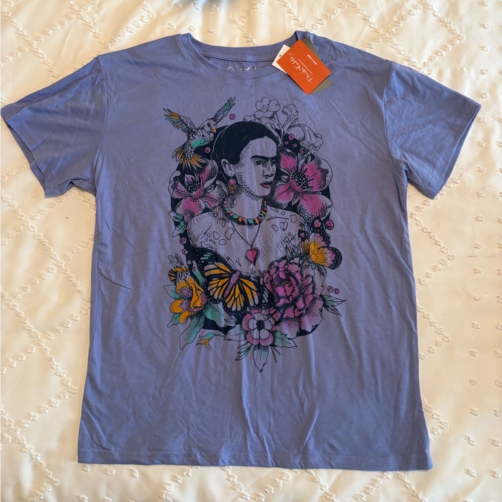 Graphic Print Blue T-Shirt Frida Kahlo artist floral women’s